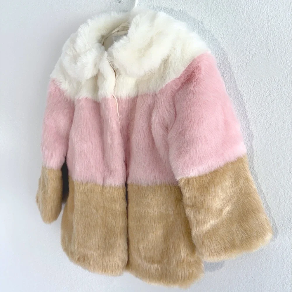 Janie and Jack Kids Pink Tan Cream‎ Colorblock Faux Fur Coat Jacket Size 3-4
